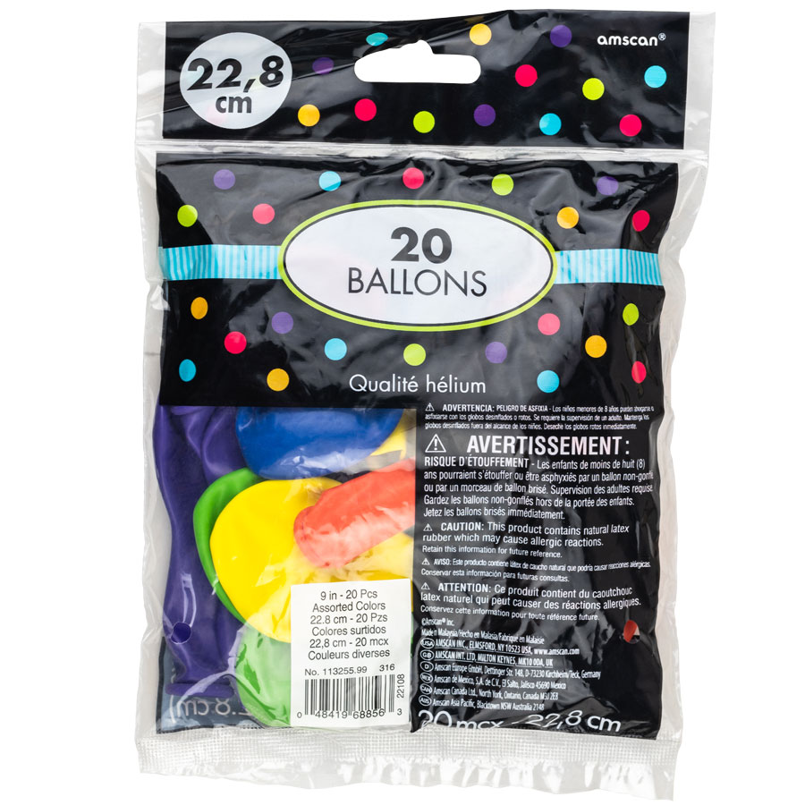 Latex Balloons, Assorted, 9in, 20ct 